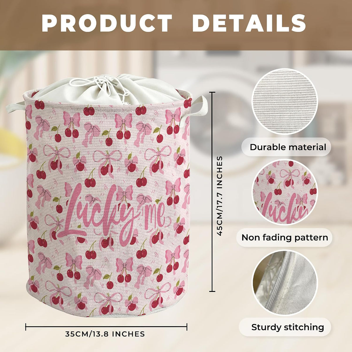 Coquette Pink Bow Cherry Laundry Basket, Preppy Girls Laundry Basket Hamper, Girly Aesthetic Cherry Waterproof Storage Bin Toy Box Organizer for Girls Bedroom Bathroom Clothes Toys