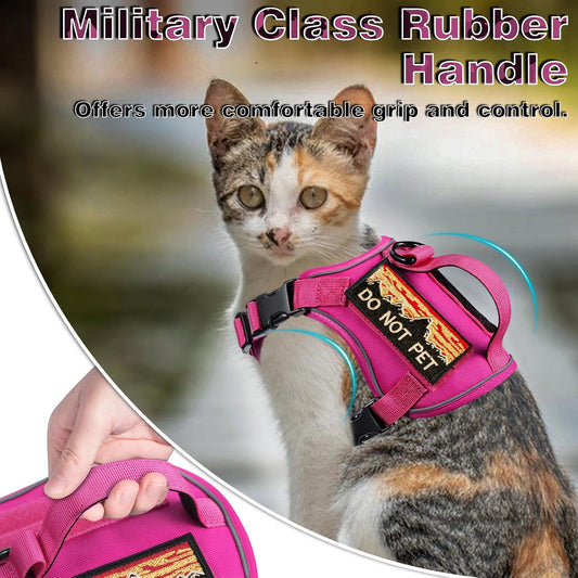 Tactical Cat Harness with Silicone AirTag Holder and 2 Patches, Adjustable Escape-Resistant Vest with Handle and MOLLE Panels for Large Cats, Harness Only, Pink, L