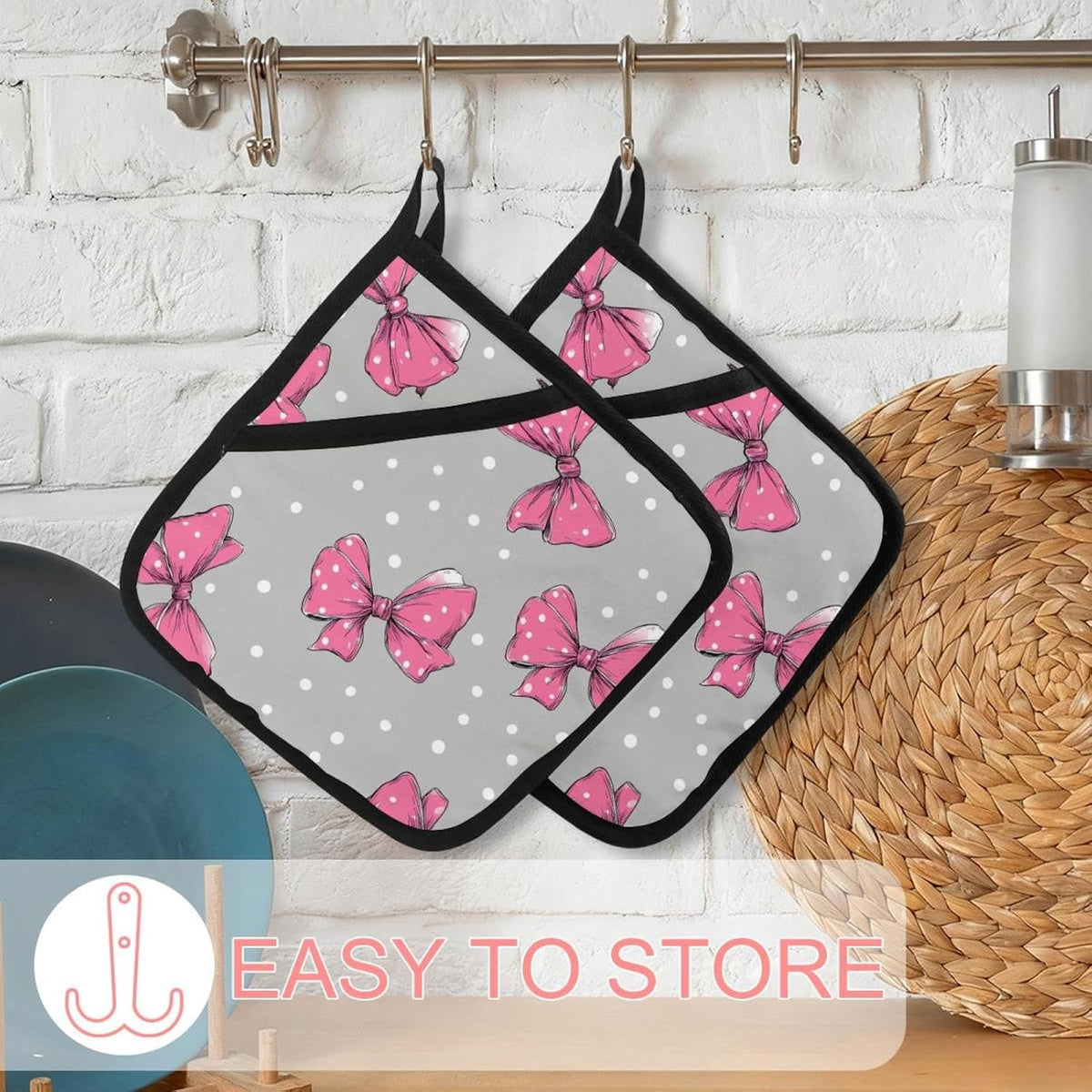 Heat Resistant Pot Holder Set, Pink Bows and White Polka Dots on Light Gray Background Hot Pads Potholder for Kitchen, Washable Oven Mitts for Cooking Baking Pans