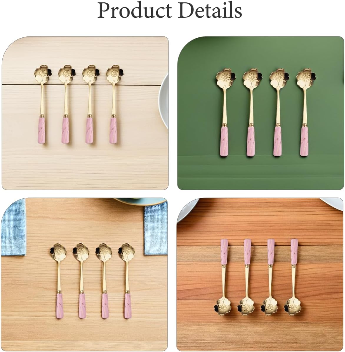 4pcs Stainless Steel Coffee Spoon Flower- shaped Spoons Tea Sugar Spoon Dinner Espresso Spoons for Dessert Cake Mixing Drinks Appetizer (Pink)