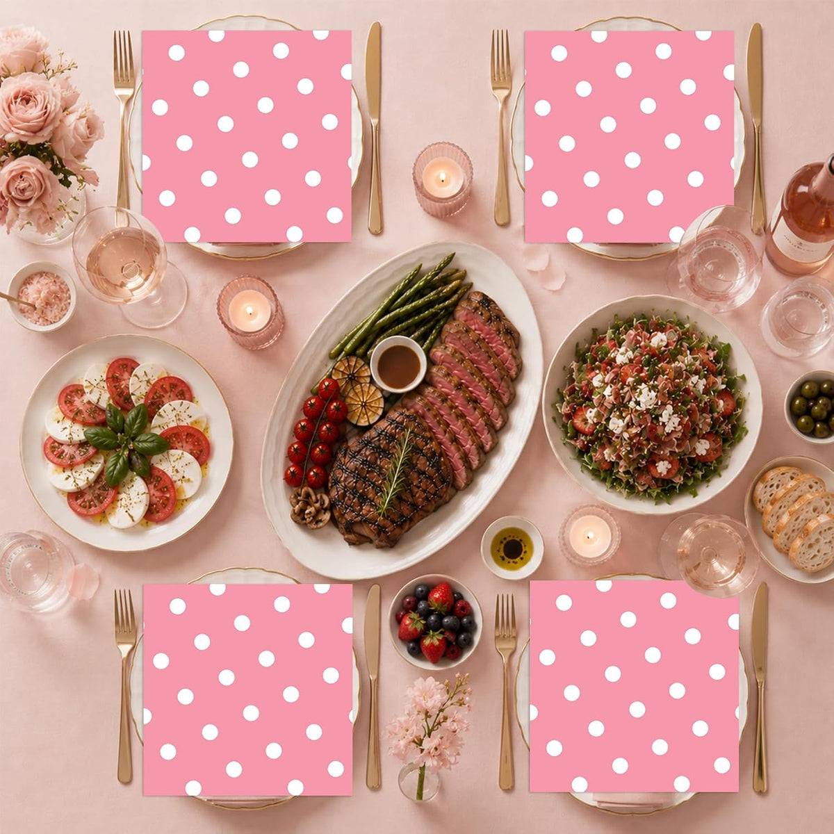 50pcs White Polka Dot Pink Napkins, Disposable 2-Ply Cocktail & Happy Birthday Napkins, Polka Dot Party Decorations for Wedding Baby Shower Birthday Bridal Party
