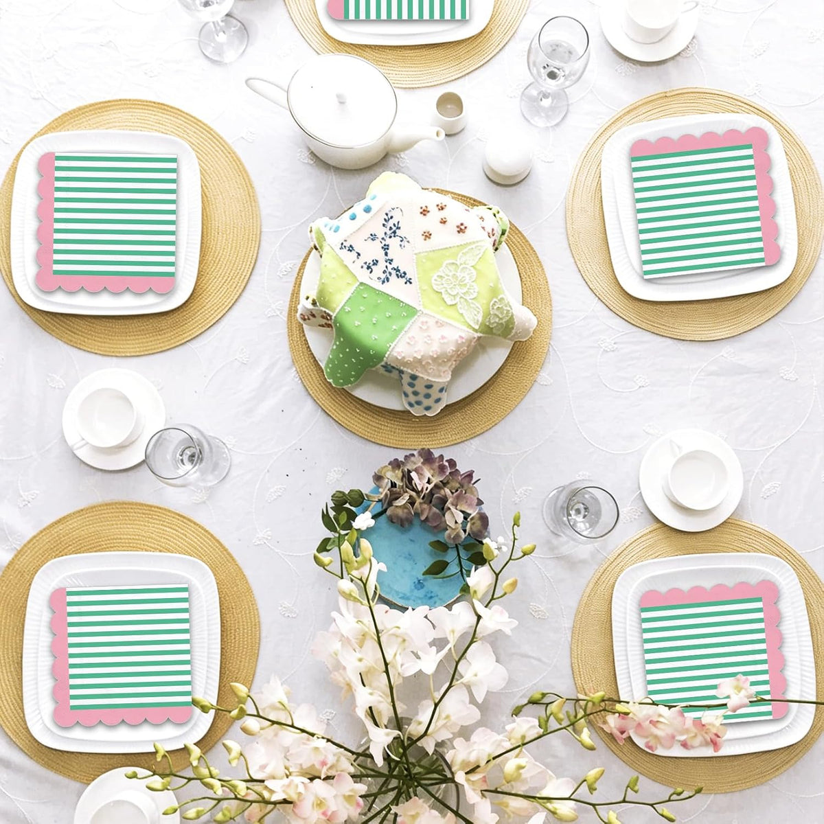 50Pcs Summer Cocktail Napkins Green White Stripe Disposable Paper Napkins Pink Scalloped Edge Beverage Napkin for Summer Birthday Pool Beach Party Supplies