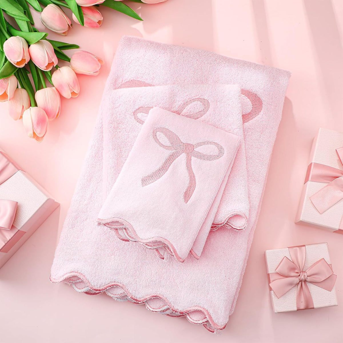 3 Pcs Pink Bow Bathroom Towel Set, Scalloped Coquette Fingertip Towels with Embroidery, 100% Cotton Absorbent Hand Towels for Bathroom, Kitchen, Wedding Gifts, Preppy Bath Decor