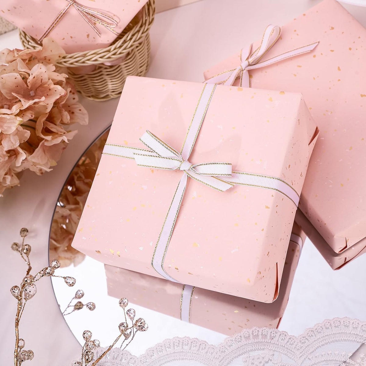 Pink Wrapping Paper Roll - Mini Roll - 17 Inch x 16.5 Feet - Pink Gold Design with Silky Touch Perfect for Birthday, Wedding, Baby Shower, Bridal Shower