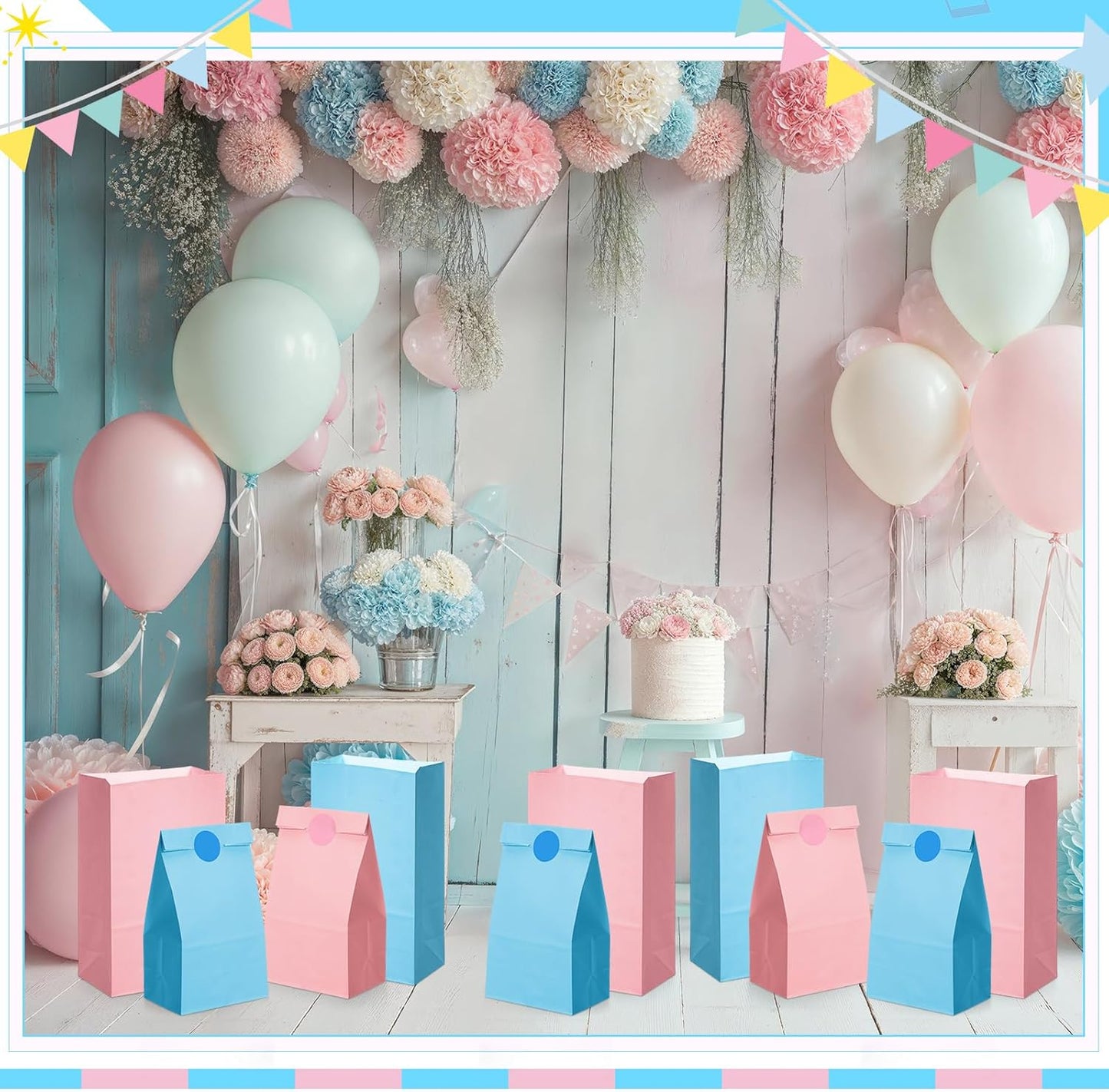 36 Pcs Pink Blue Party Favor Paper Bags Candy Paper Gift Bags with Stickers 5.1 x 3.2 x 9.5'' for Festival Holiday Baby Shower Birthday Wedding Party Anniversaries