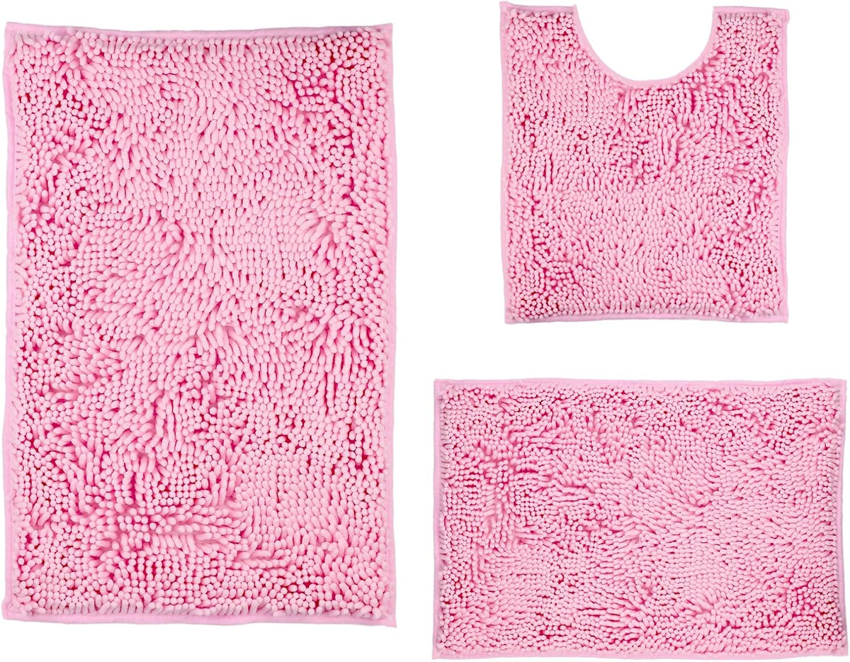 Pink Bathroom Rugs Sets 3 Piece Washable, Luxury ,Chenille Bath Mat Set, Soft Plush Anti-Slip Rectangular Bath, Rug Super Absorbent.3 Pieces Bathroom (Pink, 32"x20"+24"x16"+U Shape 20"x20")
