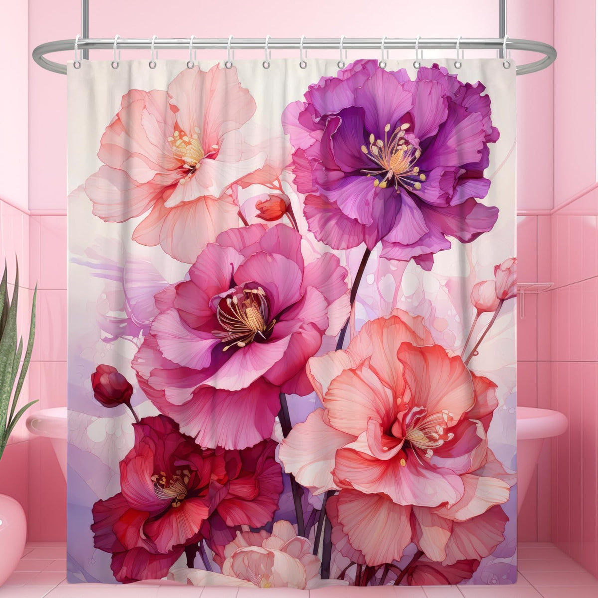 Pink Floral Waterproof Shower Curtain for Bathroom 72" Wx72 L