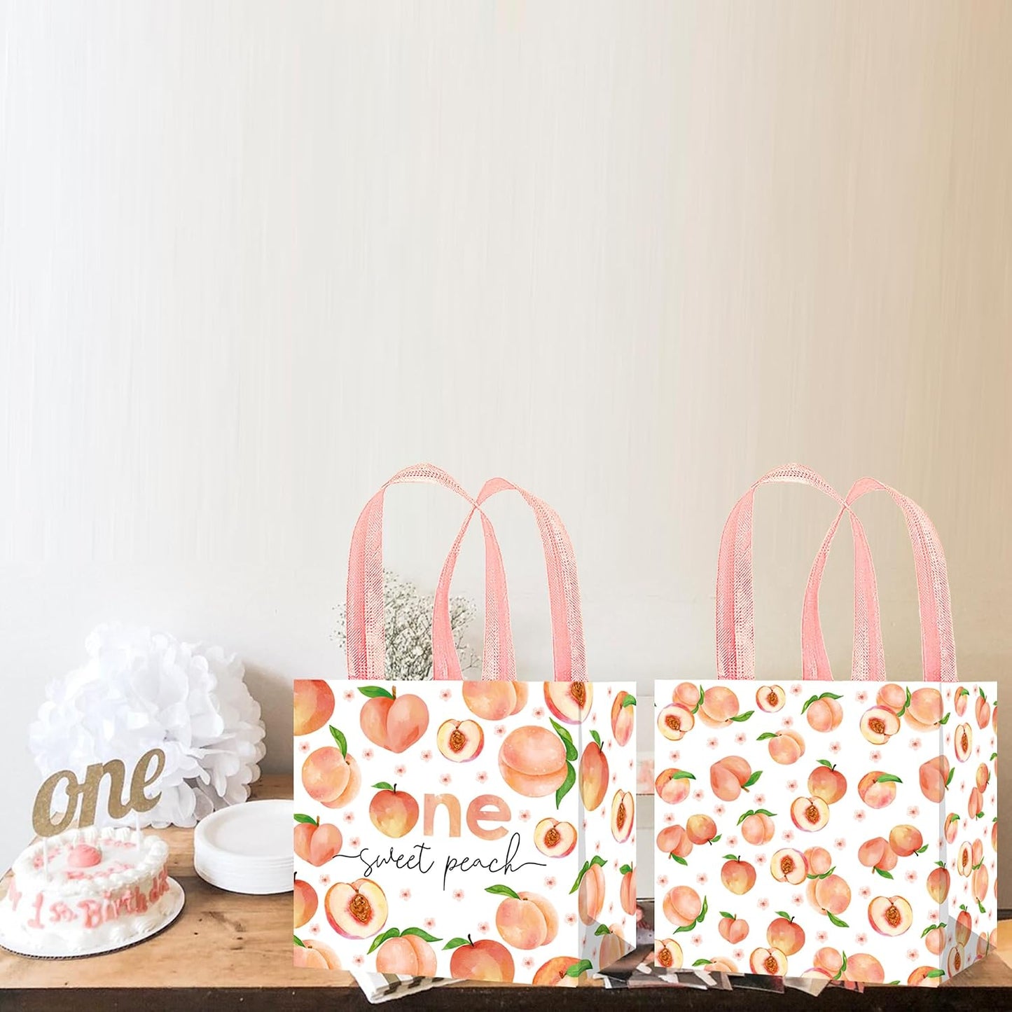 umoni 12 Pack One Sweet Peach Gift Bags Non-woven Fruit Goodie Treat Bags Sweet as a Peach Birthday Party Supplies for Fruit Theme Baby Shower Birthday Wedding Decor