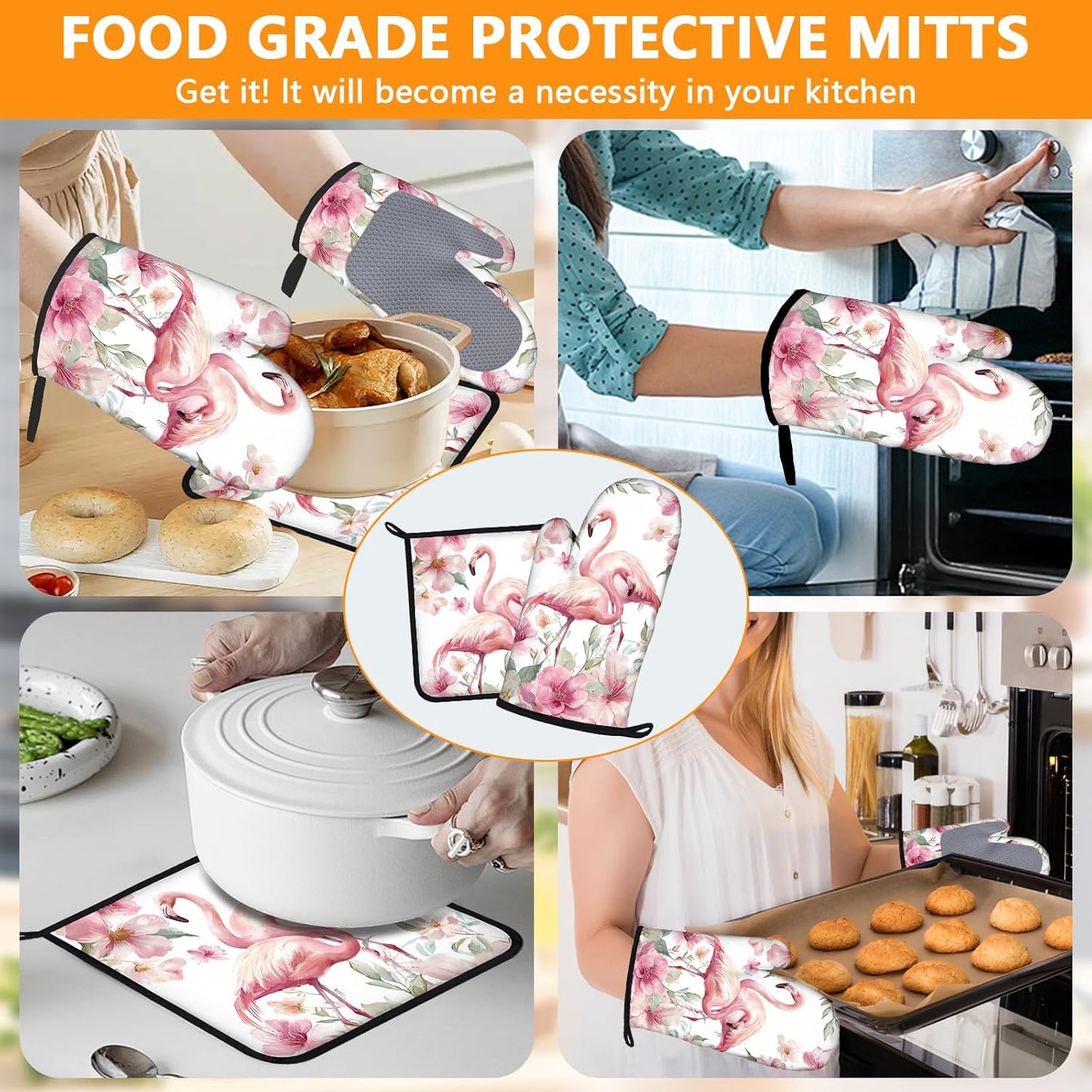 Pink Flowers Flamingo Oven Mitts and Pot Holders Sets 4Pcs Silicone Non-Slip Mitts Heat Resistant Gloves Hot Pads for Kitchen Cooking Baking Grilling BBQ