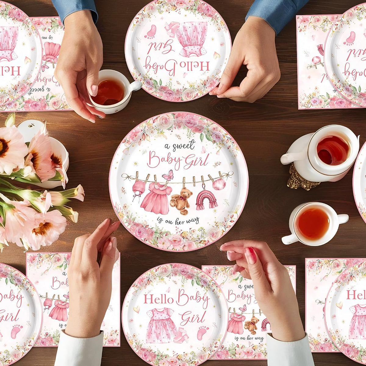 140PCS Pink Baby Shower Decorations Girls Baby Shower Party Supplies Disposable Plates Napkins Spoons Cups Tableware Set Serve 20 Guests