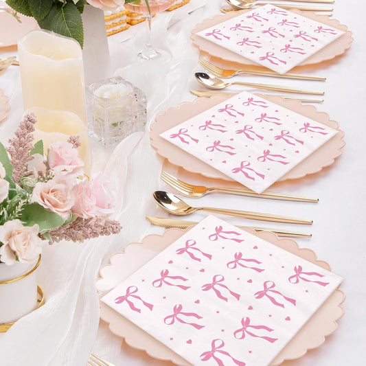 Pink Paper Napkins - 100 Pcs Disposable Napkins for Weddings Party Decorations, Cute Bow Dinner Napkin for Bride Engagement Baby Shower Party Decor