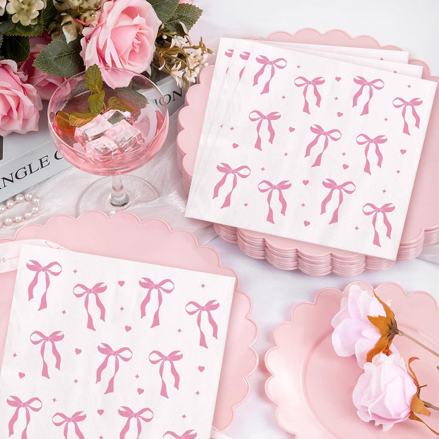 Pink Paper Napkins - 100 Pcs Disposable Napkins for Weddings Party Decorations, Cute Bow Dinner Napkin for Bride Engagement Baby Shower Party Decor