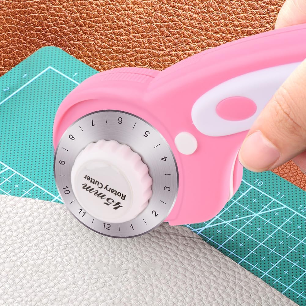 45mm Rotary Cutter for Fabric with 10pcs Replacement Blade, Ergonomic Handle Rolling Cutter with Safety Lock for Fabric, Leather, Paper, Crafting, Sewing, Quilting (COLOR:Pink)