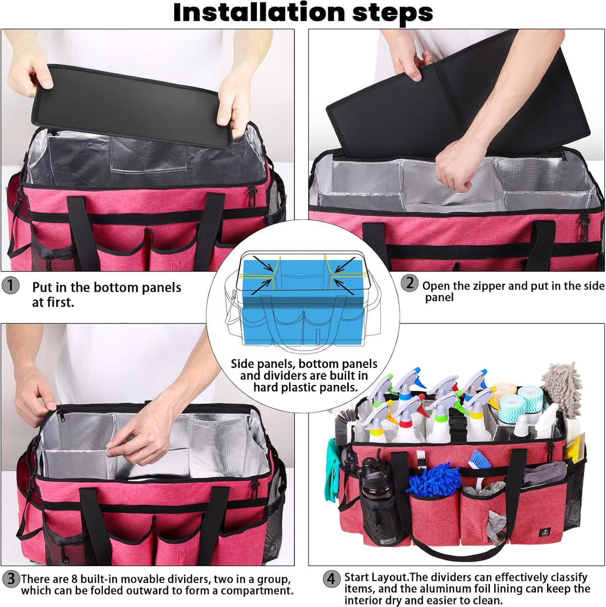 Extra large Cleaning Caddy Bag Built-in hard plastic Aluminum foil lining