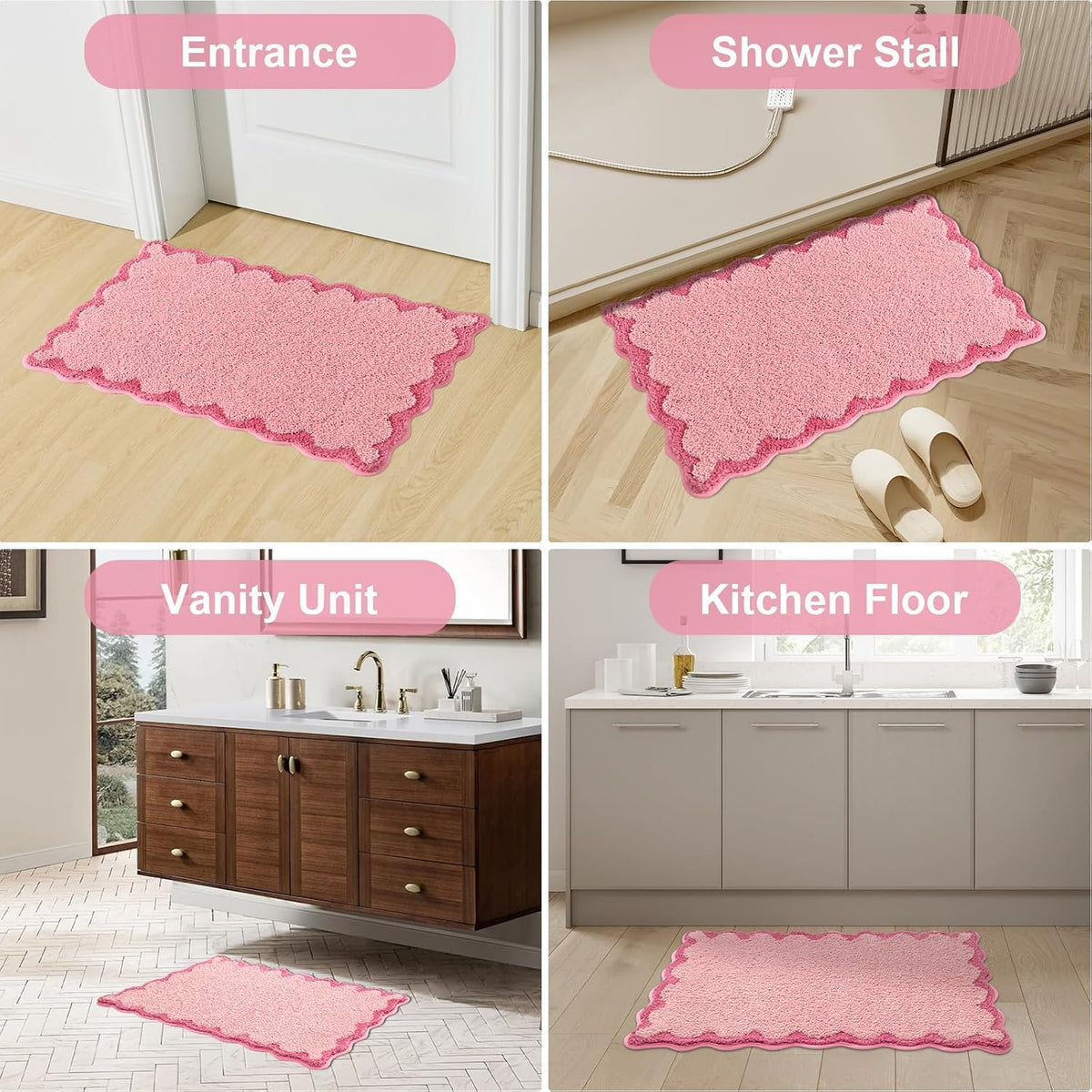 Small Pink Scalloped Bath Mat, Cute Plush Microfiber Scallop Bathroom Rugs Non Slip Washable Quick Dry Absorbent, Bathmat Carpet for Shower Stall Vanities Kitchen Floor Entrance, 17x24