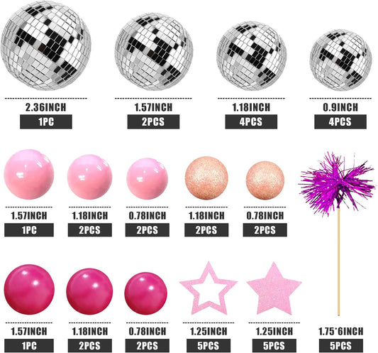 Pink Disco Ball Cake Topper Mirror Balls Cake Decorations with Pink Stars Cake Topper for 70s 80s Disco Dance Saturday Night Fever Birthday Supplies