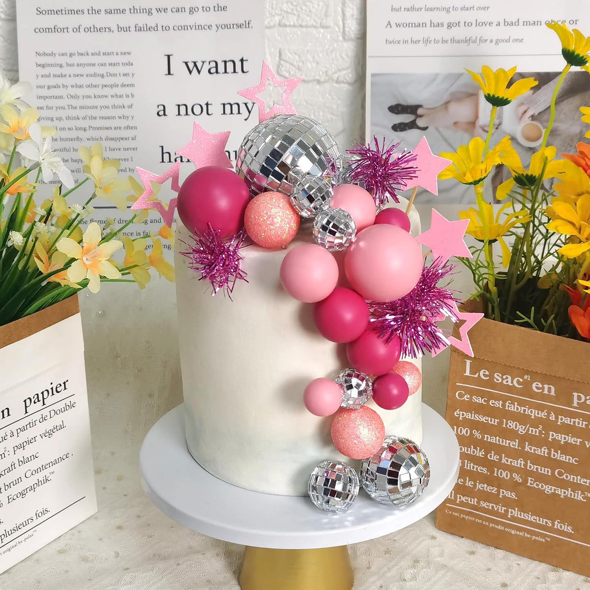 Pink Disco Ball Cake Topper Mirror Balls Cake Decorations with Pink Stars Cake Topper for 70s 80s Disco Dance Saturday Night Fever Birthday Supplies