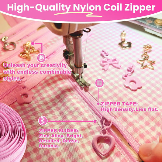 10 Yards Sewing Zipper Tapes with 40 pcs Assorted Charm Pulls Bulk Nylon Coin Zippers for Bags and Purses Tailor DIY Craft Sewing Supplies (#3 Pink)