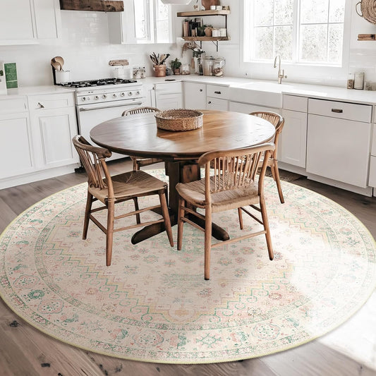 Round Rugs 6ft Circle Area Rug Washable Boho Low Pile Pink and Green