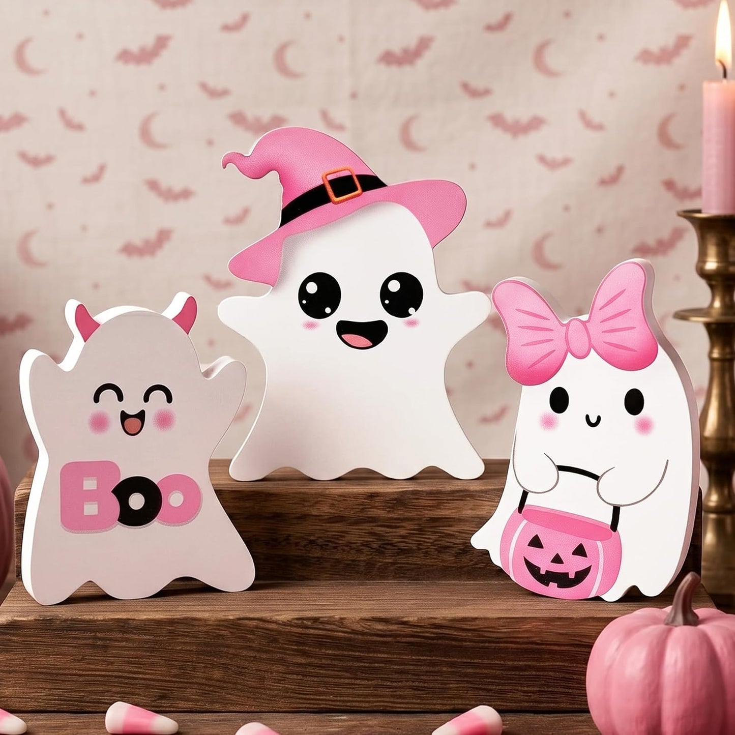 3 PCs Pink Halloween Table Decor, 3 Style Cute Wooden Ghosts Halloween Decorations indoor, Funny Wood Ghost Tabletop Centerpieces Tiered Tray Decor Signs for Home Office Room Girls Gifts, Pink White