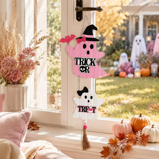 Pink Halloween Decor, Cute Halloween Door Wreath Decorations, Ghost with Witch Hat Wooden Hanging Sign for Wall Window Door Handle, 22 inch