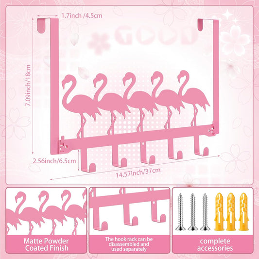 Pink Flamingos Over the Door Hooks Hanger Wall Mount Towel Hanger Door Holder Organizer 5 Hooks Farmhouse Rustic Kawaii Decor for Bedroom Bathroom Towel Hat Clothes