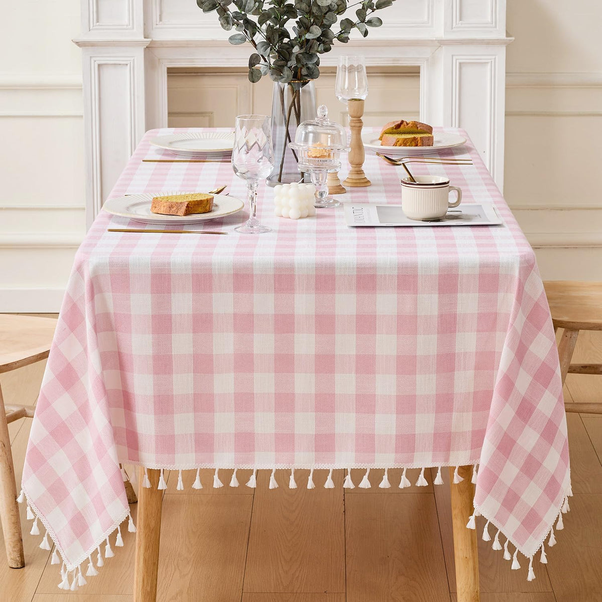 Gingham Tablecloth Rectangle Cotton Linen Fabric Checkered Table Cloth with Tassel Washable Wrinkle Free Buffalo Plaid Table Cover for Birthday Party Picnic Outdoor, Pink, 55x75