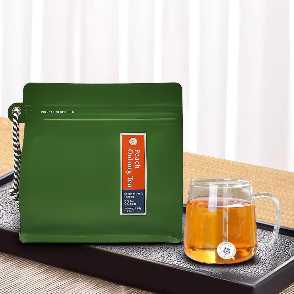 Peach Oolong Tea Bags - 32 Individually Wrapped Teabags (2.25oz/62g) - Low Caffeine, Smooth Flavor - Hot or Iced Tea - Original Leafy Tea