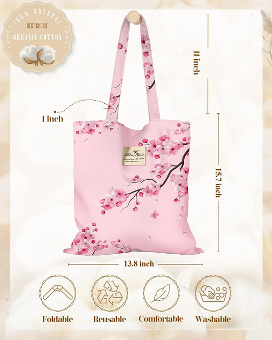Cloth Tote Bag for Women Reusable Tote with Pocket & Buckle Cute Retro Design
