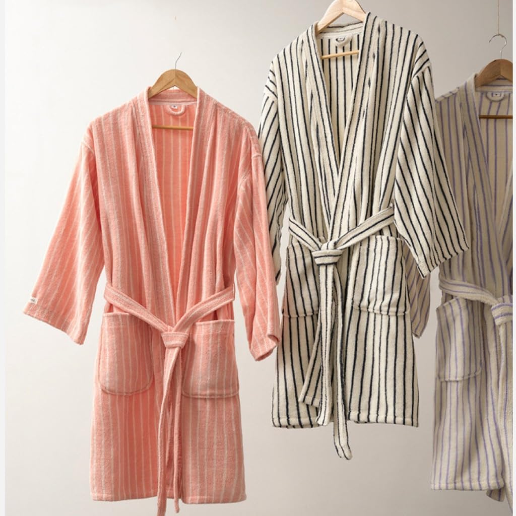 Womens Robe 100% Cotton Luxury Stripe Bathrobe For Unisex Soft Terry Cloth Towel Robes With Pockets