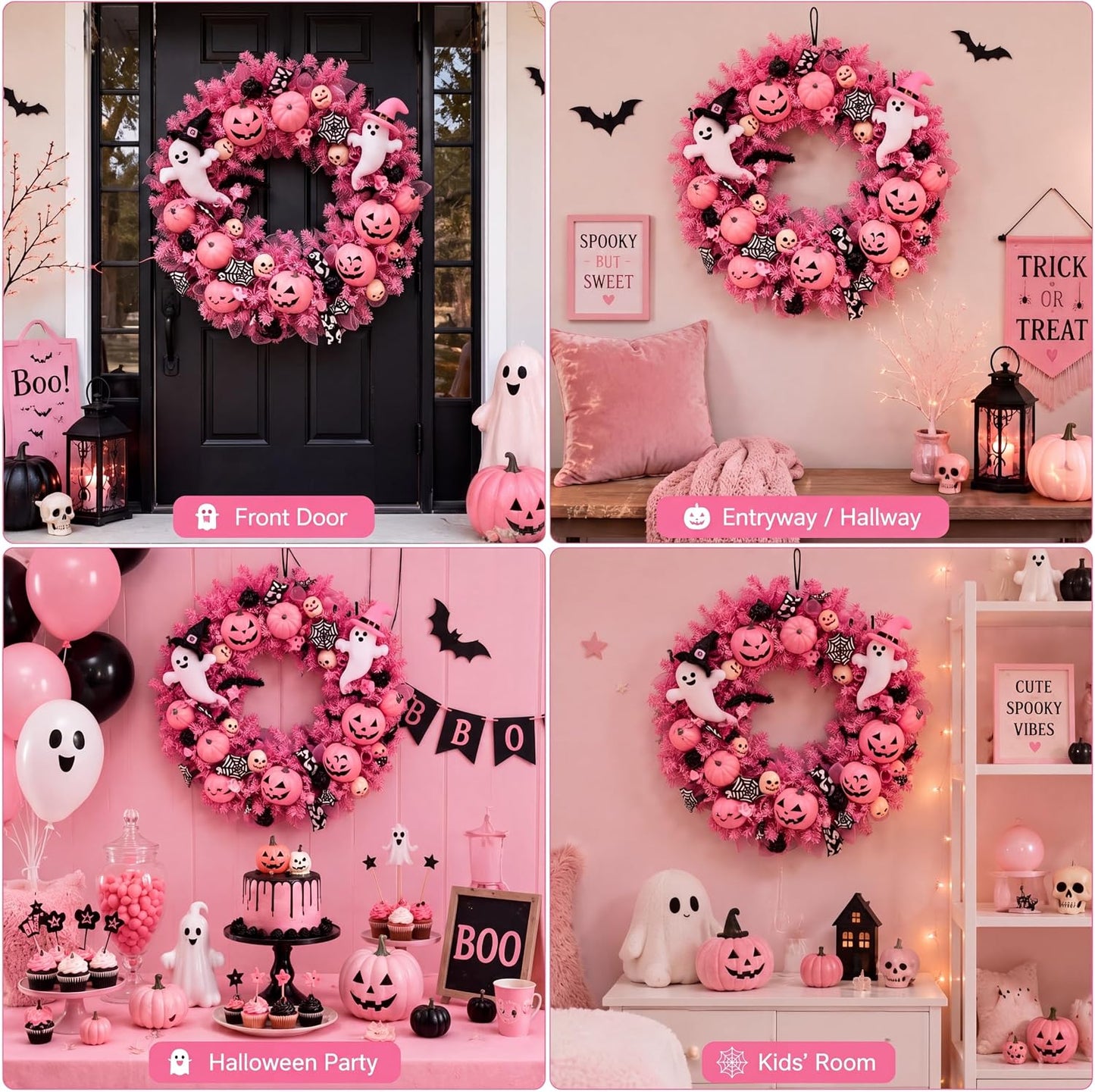 16 Inch Pink Halloween Decorations Pink Ghost Wreaths for Front Door