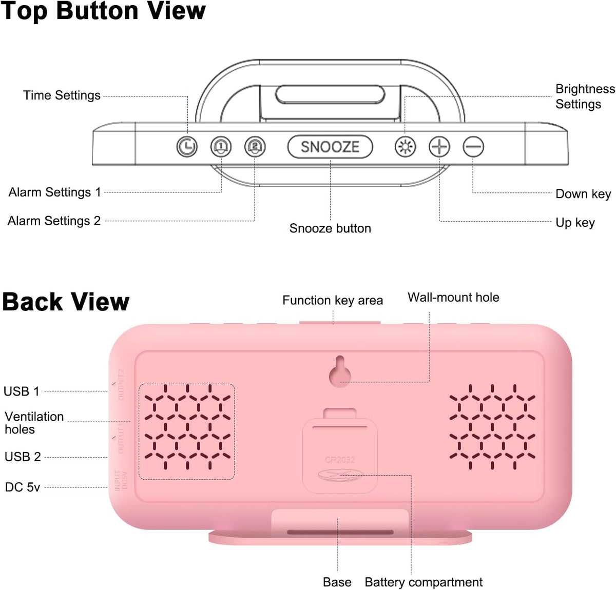 Pink Mirror Digital Alarm Clock for Girls & Teens, Dual Alarms, Snooze, Adjustable Brightness, 2 USB Ports, Weekday Display, Cute Bedside Clock for Kids, Bedroom, Desk, Dorm, Gift Idea