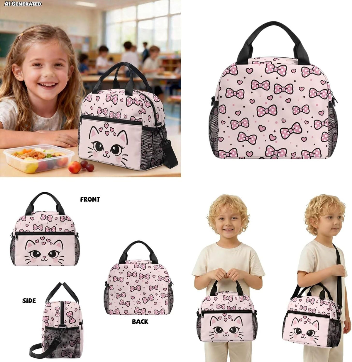 Customized Preschool School Bag For Kindergarten with Lunchbox Toddler Backpack for Girls Padded Straps and Breathable Back Panel Elementary Cat Pink Bow Heart Cute Bookbag,13 In