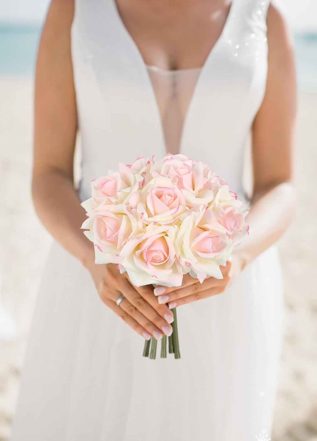 Fake Roses,2 Bouquets 10PCS Real Touch Roses Artificial Flowers Faux Roses with Stems for Wedding Party Home Table Centerpieces Decoration(Pink Edge)