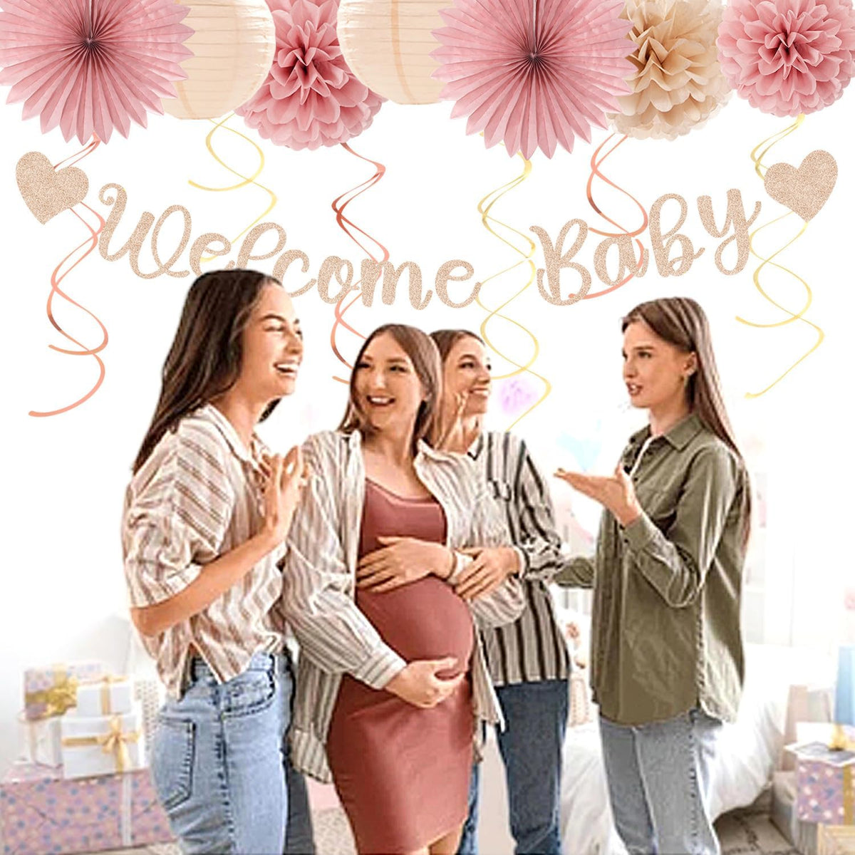 Blush-Pink Rose-Gold Fall Baby-Shower Party-Decorations - 31pcs Welcome Home Banner Sign,Neutral Paper Lanterns,Girl Streamers Garland,Boho Hanging Tissue Pom Poms Flowers Fans Backdrop Decor