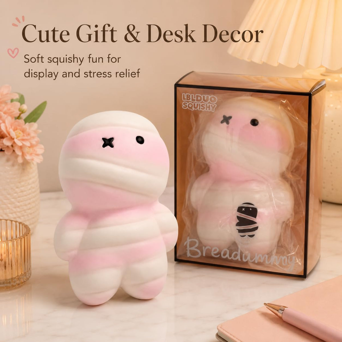 Pink Mummy Squishy Toy, Slow Rising PU Foam Desk Fidget, 5.9 in