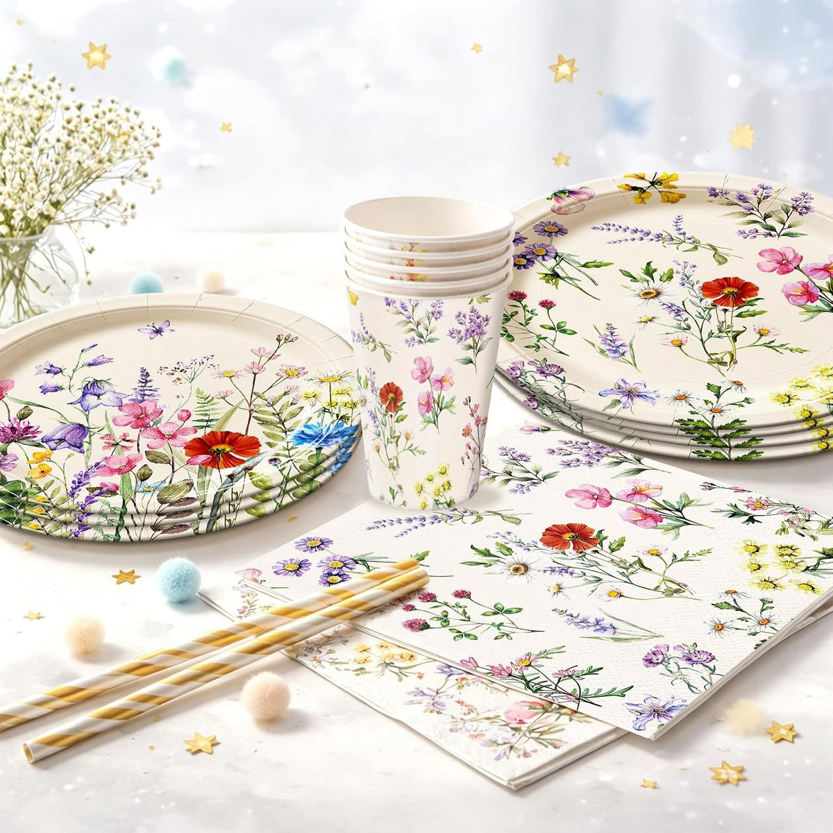 168pcs Wildflower Plates Napkins Party Supplies Disposable Paper Cups Pink Forks Tableware Set Wildflower Baby Shower Decorations for Spring Summer Picnic Tea Party 24 Guests