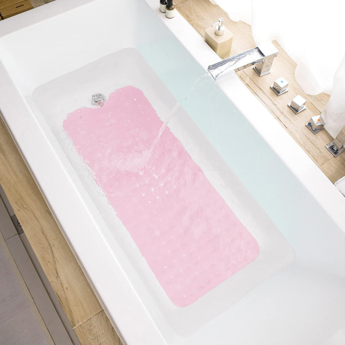 Bath Tub and Shower Mats, Non-Slip 39 x 16 Inch Extra Long Bathtub Mat, Machine Washable BathMat with Drain Holes, Suction Cups for Bathroom (Opaque Pink)