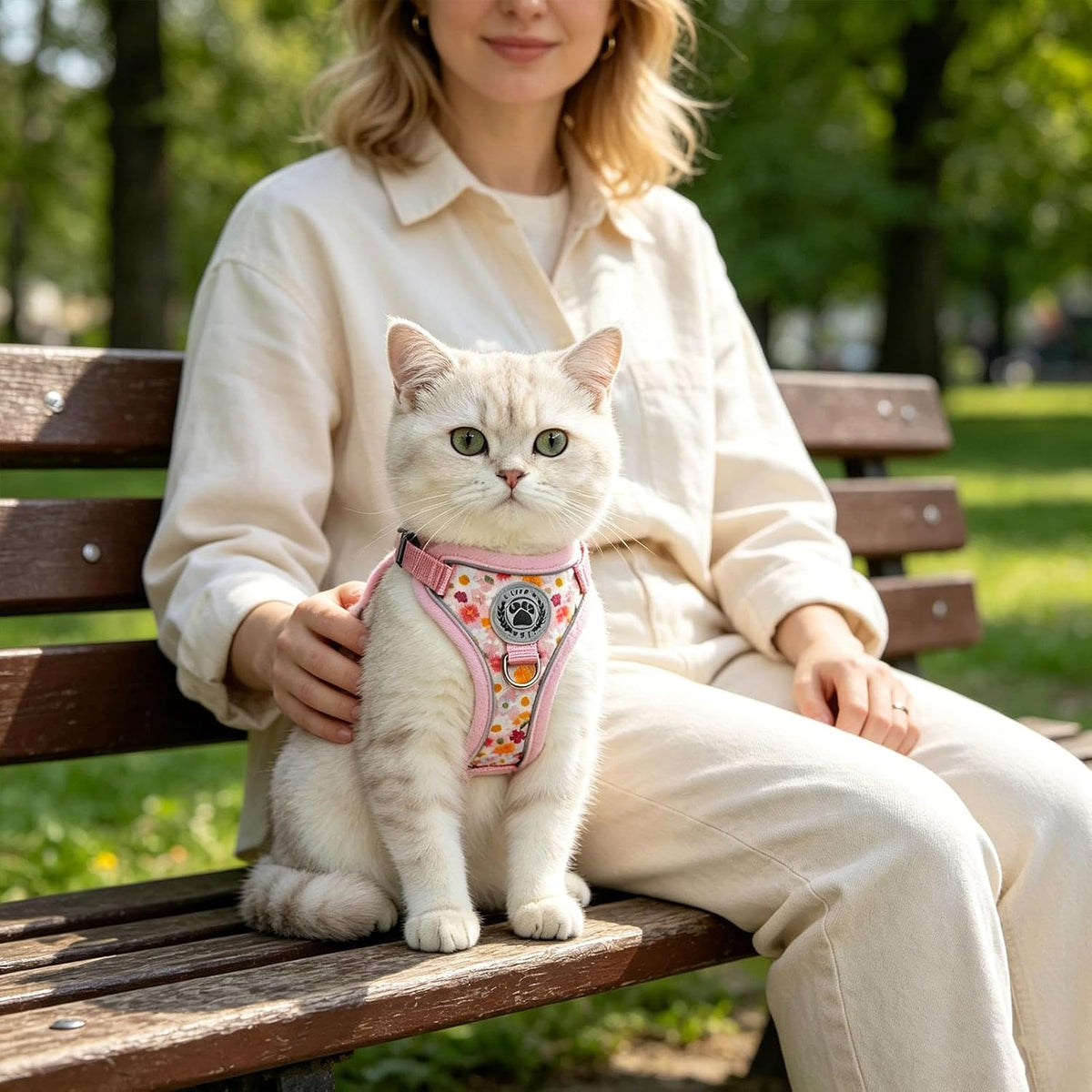 Cat Harness and Leash,Escape Proof Easy-On Vest w/Neck Buckle, M