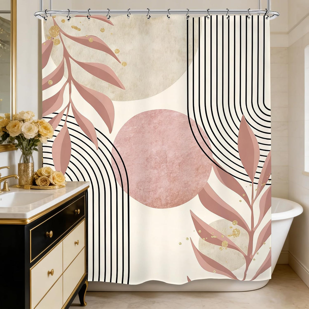 Abstract Pink Modern Shower Curtain 60Wx72L Inch Minimalist Geometric Contemporary Neutral Aesthetic Plant Leaves Mid Centry Bathroom Set Accessories Decor with 12 Pack Hooks