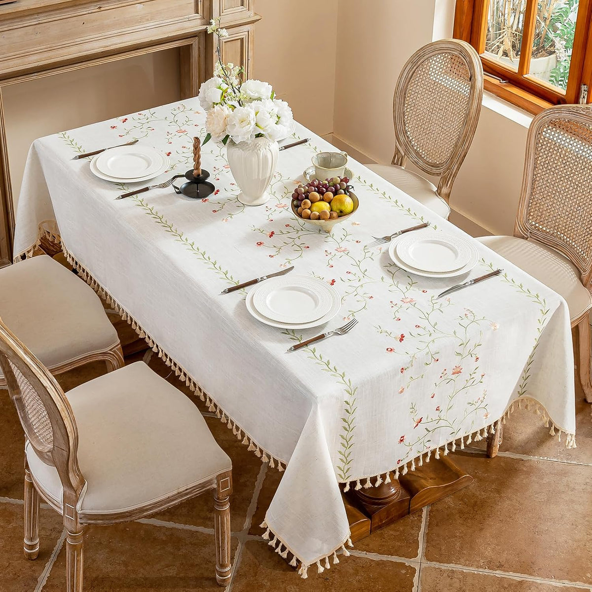 Rectangle Tablecloth 55" x 90", Spring Pink Embroidered Table Cloth with Tassels, Farmhouse Rustic Linen Style, Heavy Weight Wrinkle & Spill Resistant Table Cover for Dining Kitchen (6-8 Seats)