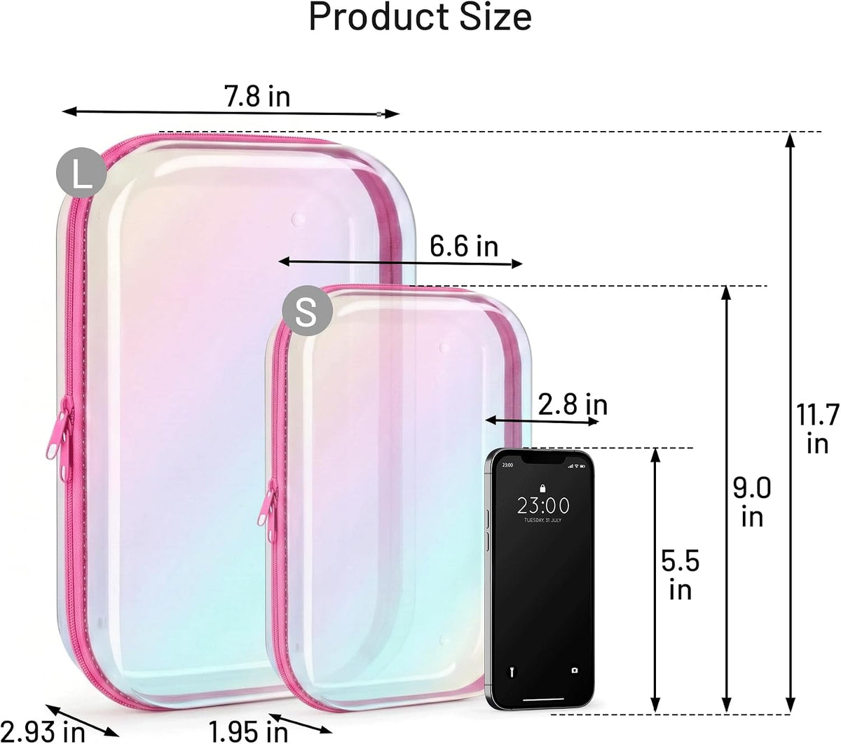 Clear Hard Shell Zipper Organizer Cases, 2 Pack, Iridescent