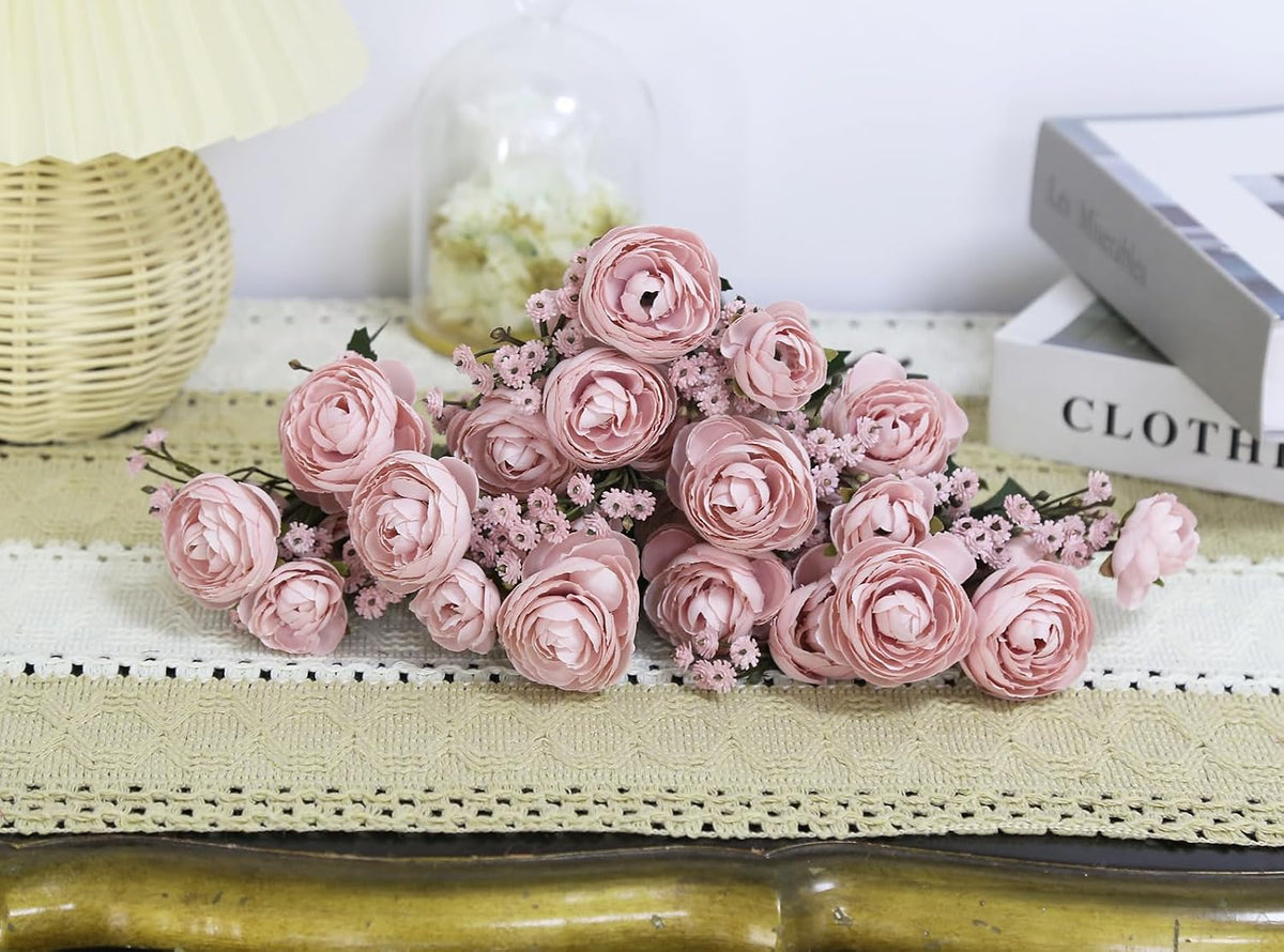 Pink Ranunculus Artificial Flowers 5 Bouquets Fake Silk Mini Ranunculus with Stems 15PCS Faux Peonies Spring Flowers for DIY Wedding Bride Shower Centerpieces Home Vase Filler Decor (Dusty Pink)