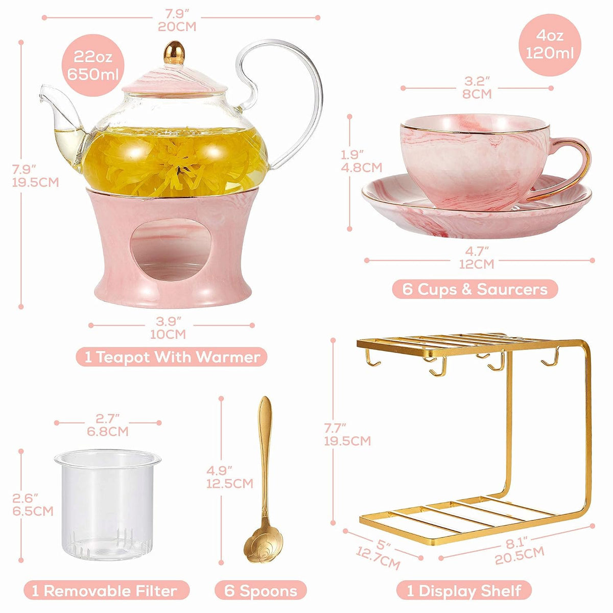 21 pcs Small Tea Set of 6, Pink Marble Set, Handcraft Golden Trim, Porcelain Tea Pot Set for Kids&Adults, 1 Glass Teapot(22oz), 6 Cups(4oz), 6 Saucers, 6 Spoons, 1 Shelf&1 Warmer
