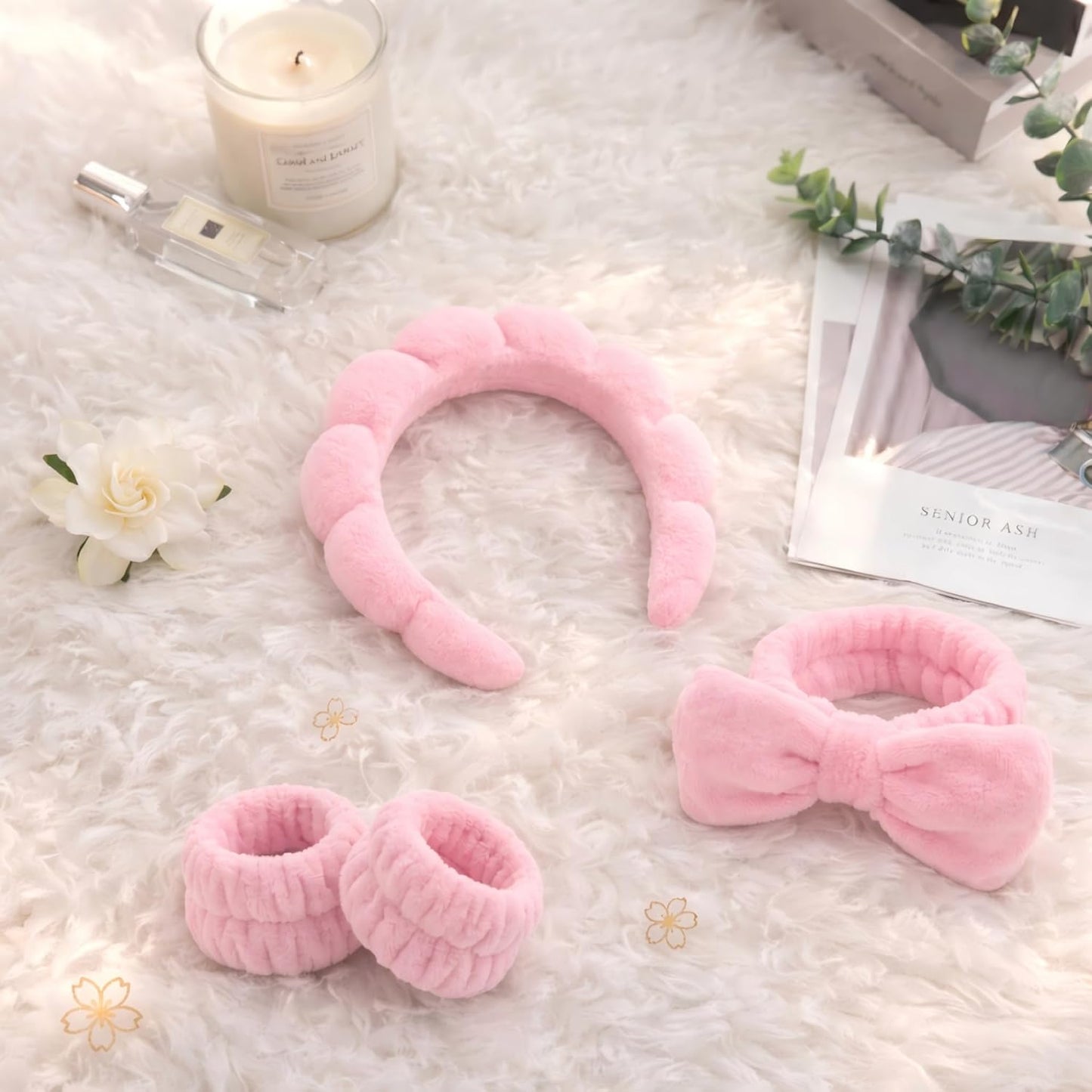 Makeup Headband for Washing Face Wristband Set, Pink | Soft absorbent fabric, snug head-hugging fit for face washing, skincare, makeup, masks, travel, women and teen girls