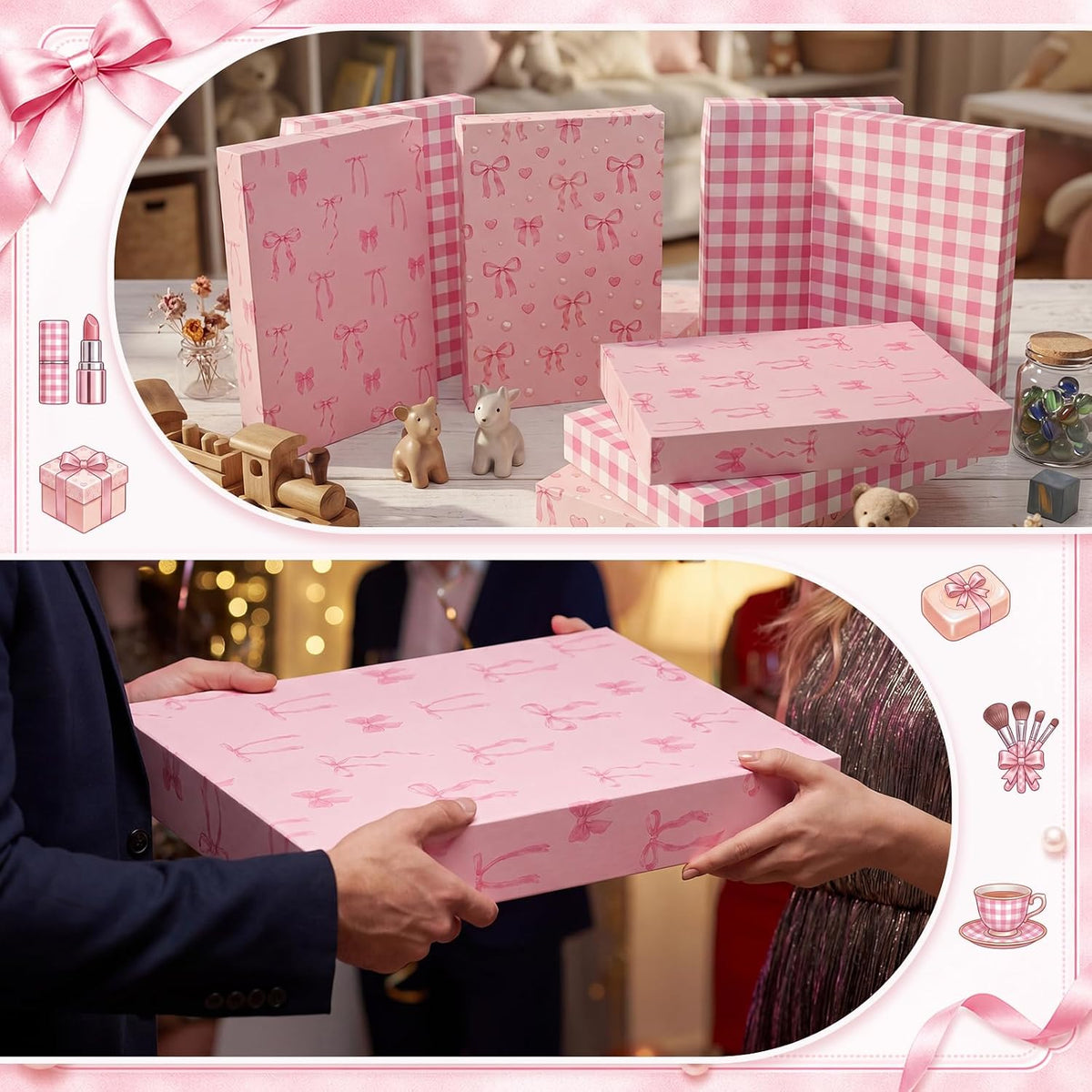 6 Pcs Large Shirt Gift Boxes with Lids 14.5 x 10 x 2 Inches Pink Bow Gift Box for Presents 3 Designs Shirt Boxes for Christmas Wedding Holiday Birthday Parties