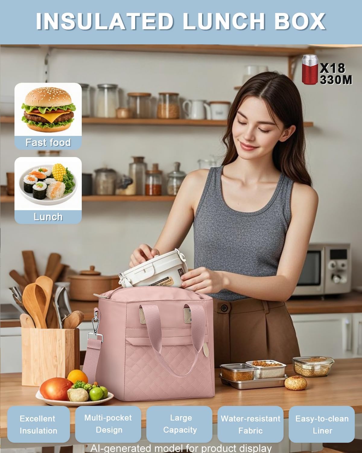 Lunch Bag Lunch Box Women Insulated Cooler Bag for Work, Large Lunchbox for Adult, Leakproof Womens Lunch Tote Bags with Shoulder Strap for Travel, Picnic, Pink