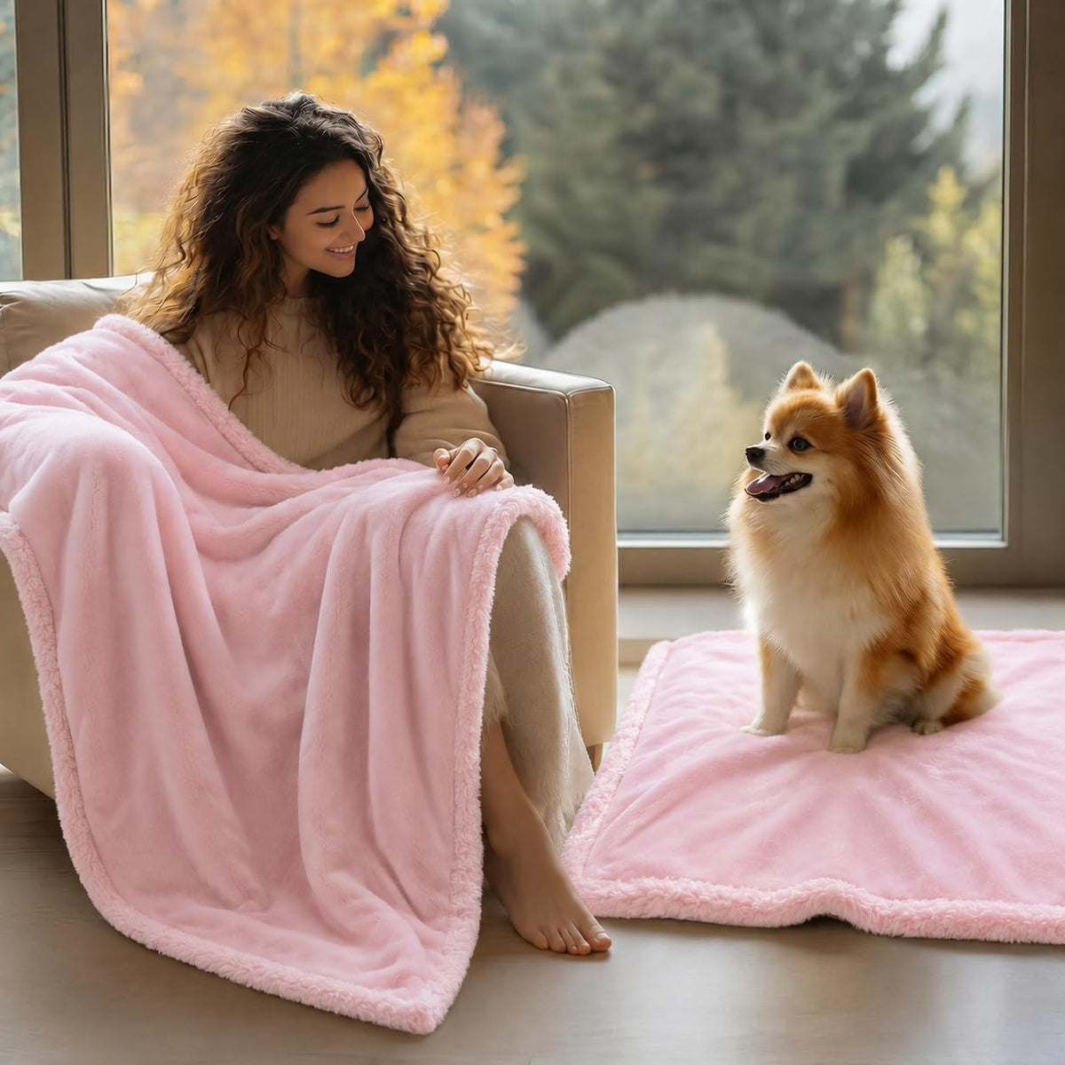 Waterproof Dog Blanket Reversible Fluffy Pet Bed Cover Pink Puppy Blankets Leakproof Sofa Couch Washable Cover Cat Pet Blanket for Warm-S