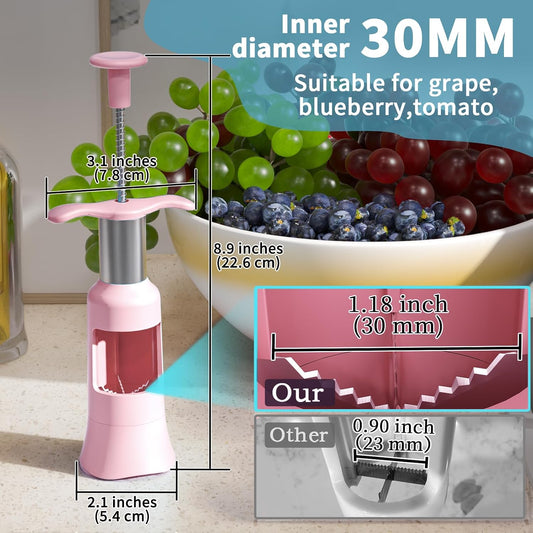 Grape Cutter Tool - Stainless Steel Kitchen Gadgets with 2 Straw Brushes & 2 Types of Slicing - Cherry, Grape, Tomato - Baby Fruit Cutter (Pink)