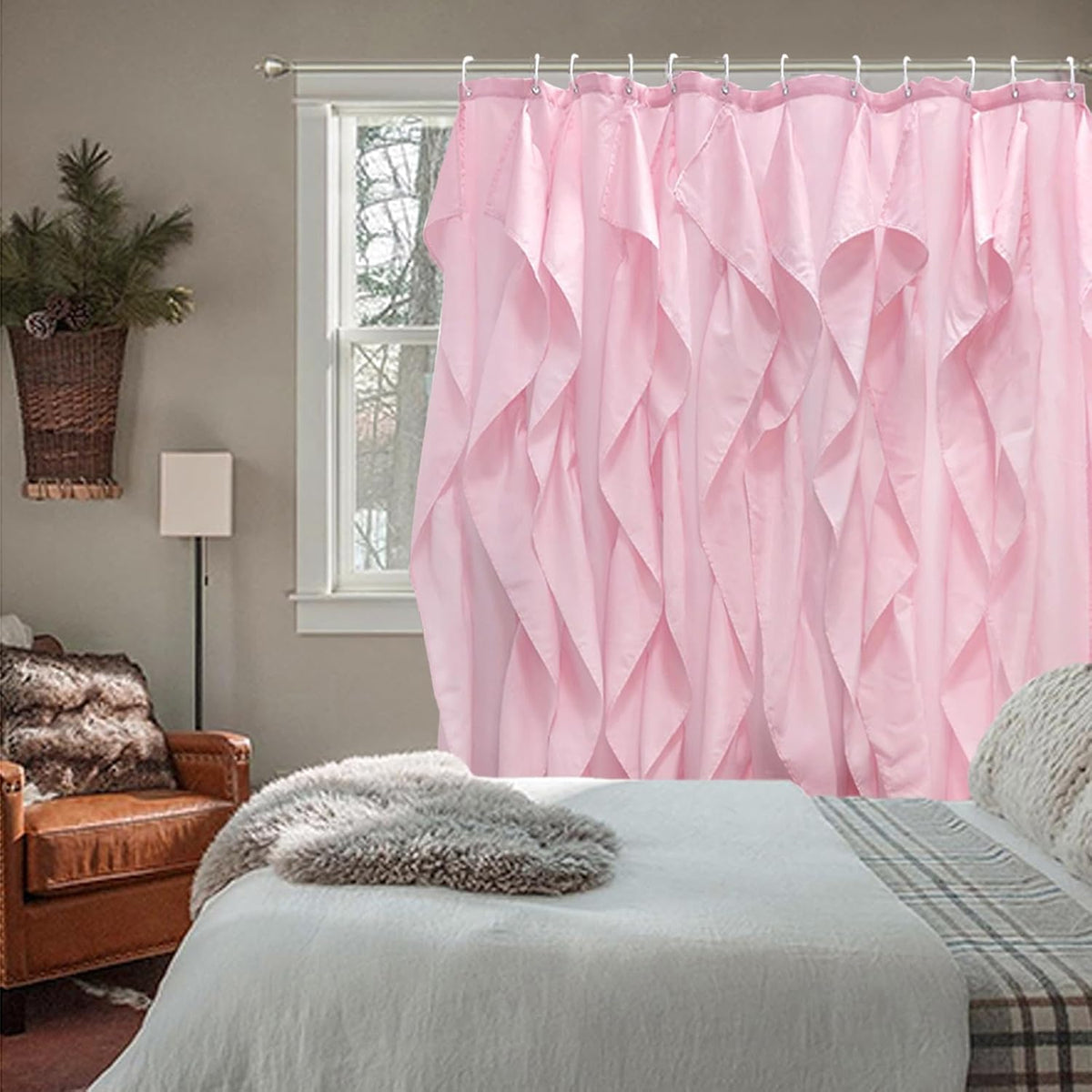 Volens Pink Ruffle Shower Curtain Farmhouse Fabric Cloth Curtains for Bathroom, 72x72 in Long